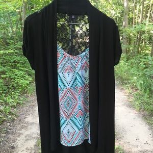 Blouse with faux tank top and cardigan